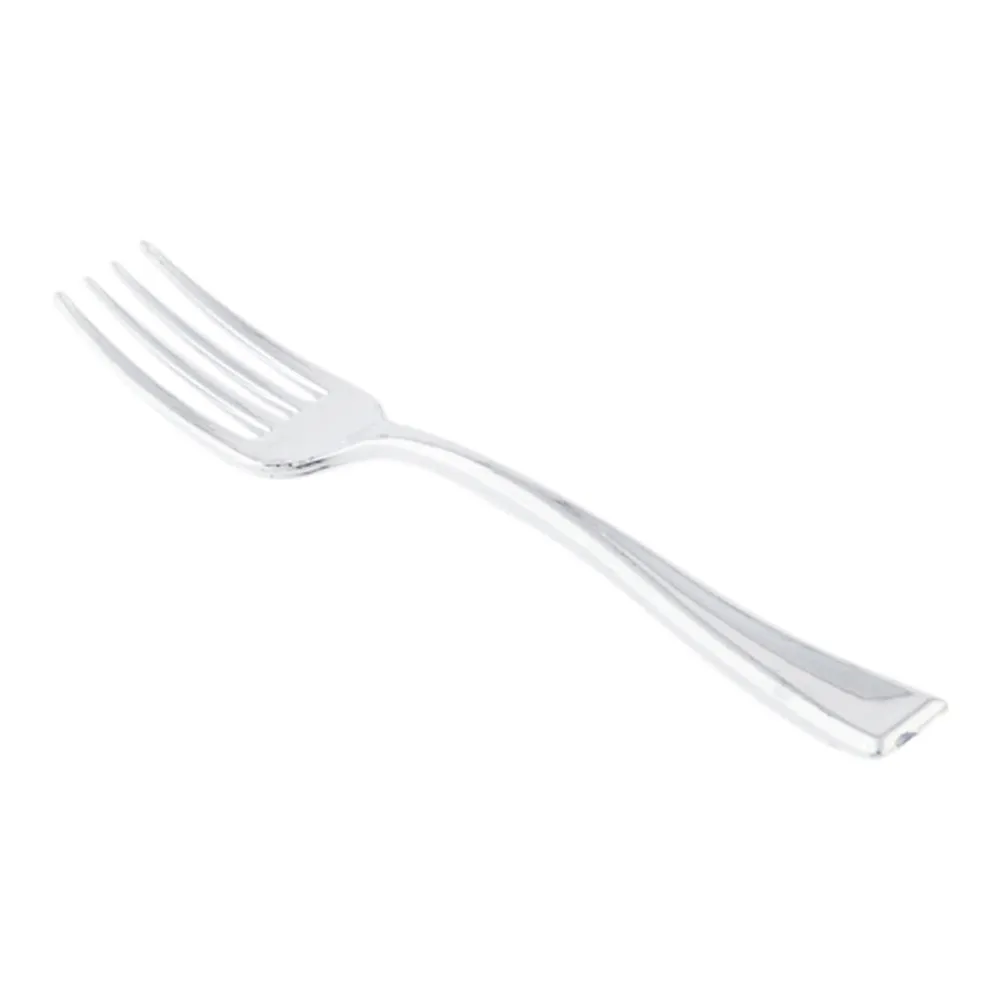 100 Square White 5" Plastic Medium Modern Plates and 100 Silver Plastic 4" Mini Forks