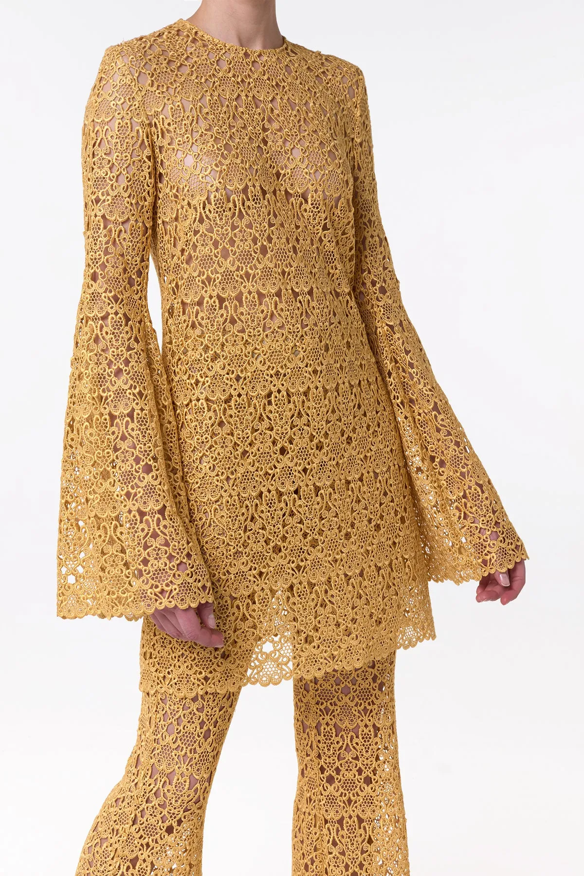 Archie Mini Dress with Lining in Gold Silk Macrame Lace