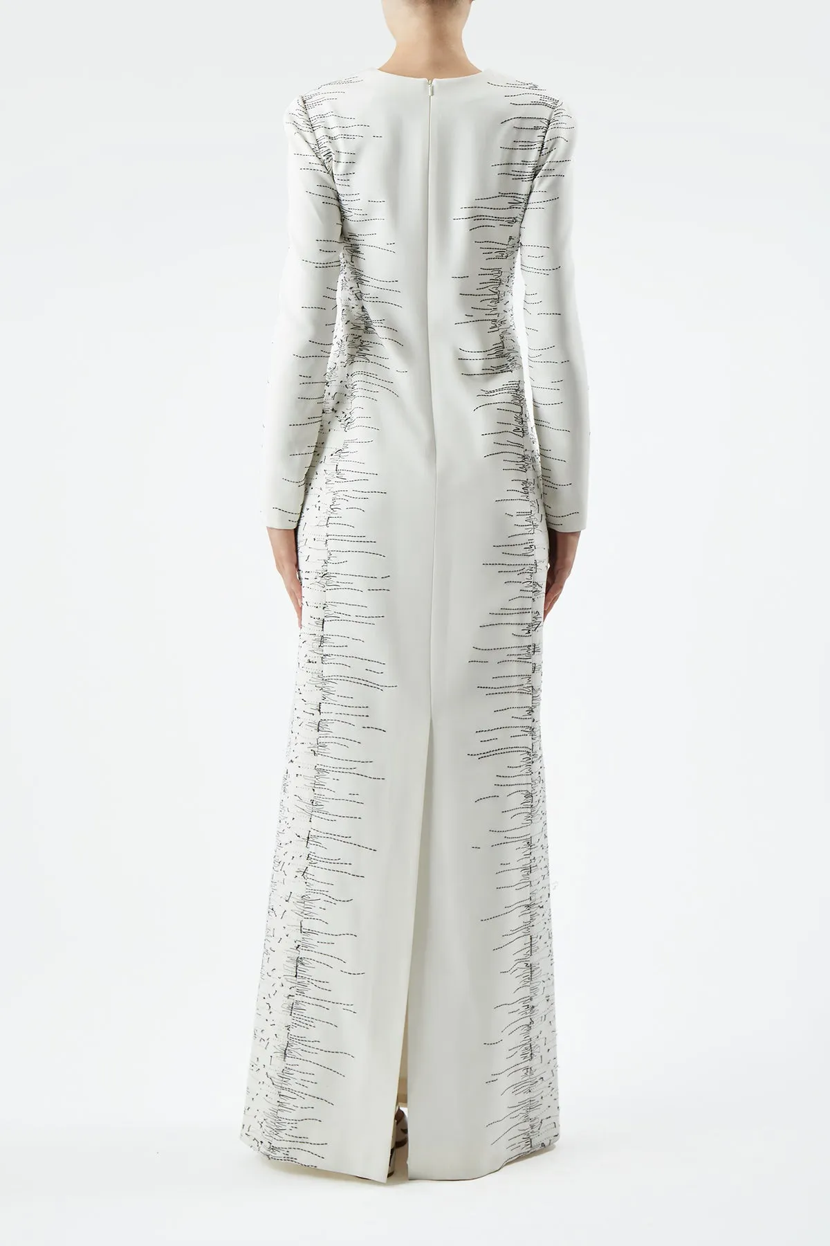 Bianca Embroidered Dress in Ivory Silk Wool Cady