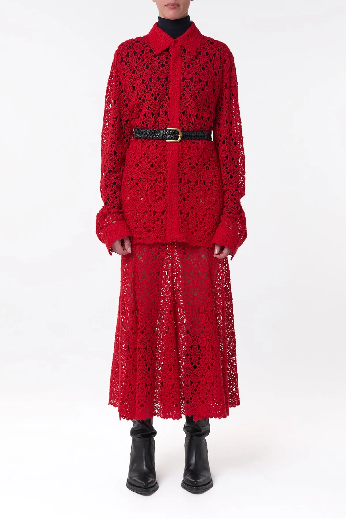 Cassia Shirt in Scarlet Red Cashmere Lace