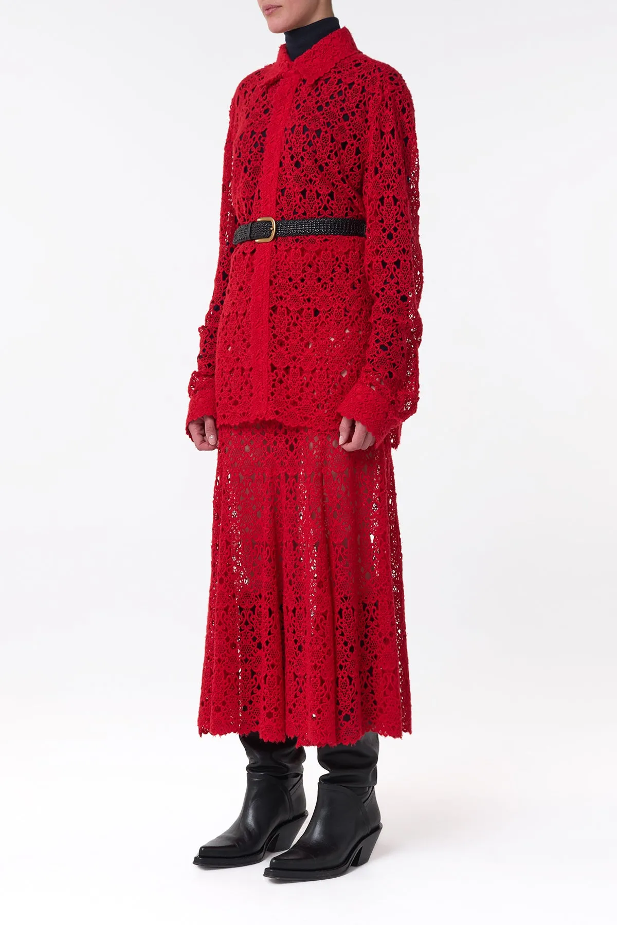 Cassia Shirt in Scarlet Red Cashmere Lace