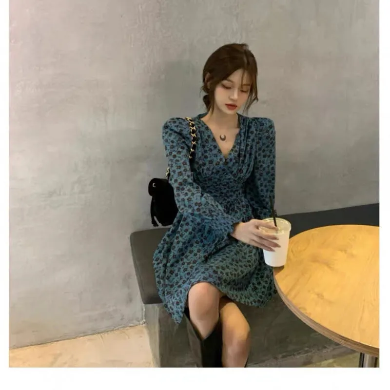 Fashionkova fall photoshoot outfits   French Elegant Waist Slimming V-neck Long Sleeve Floral Dress Autumn New Skirt Cover Belly