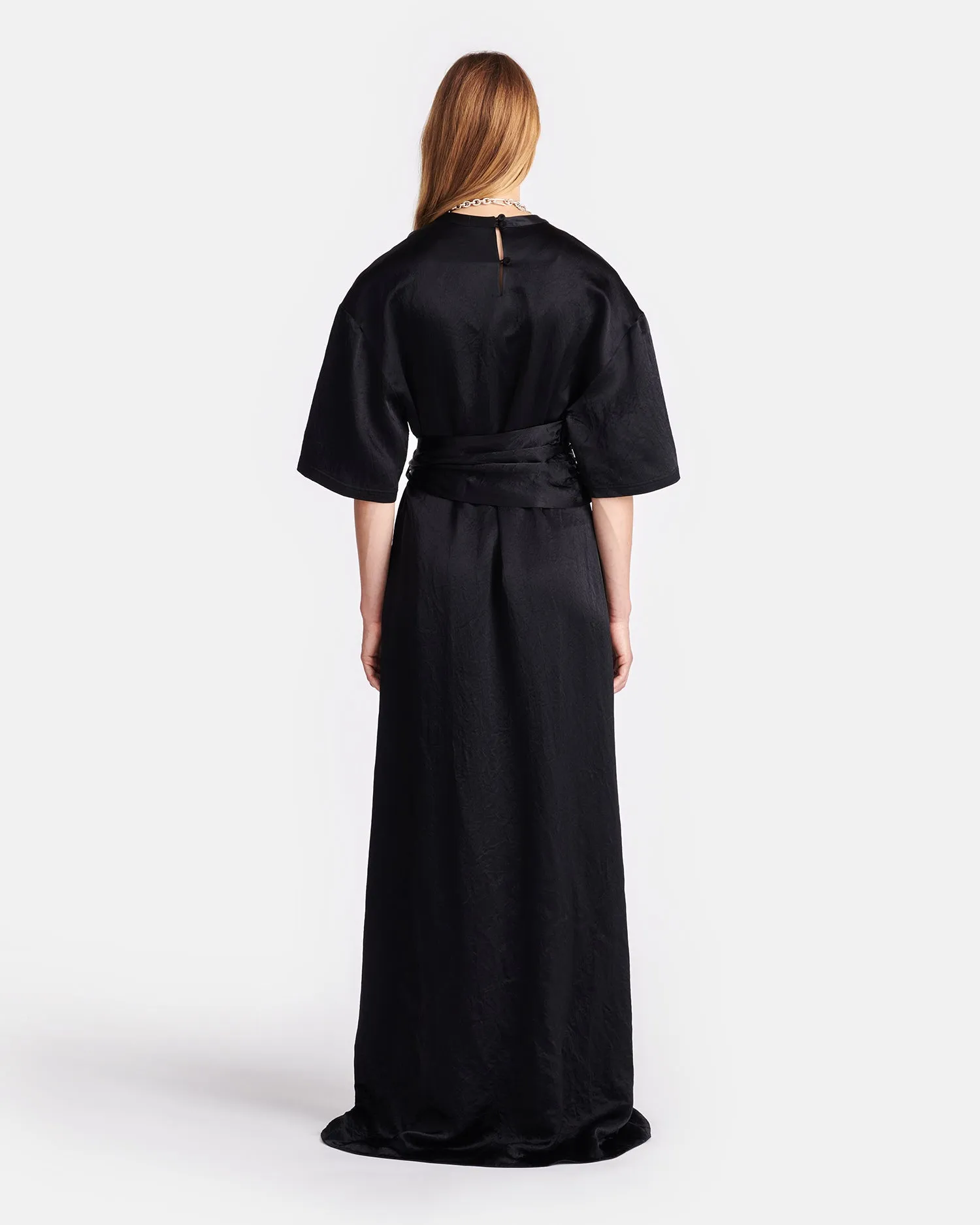 Maelys - Belted Crinkled-Satin Maxi Dress - Black