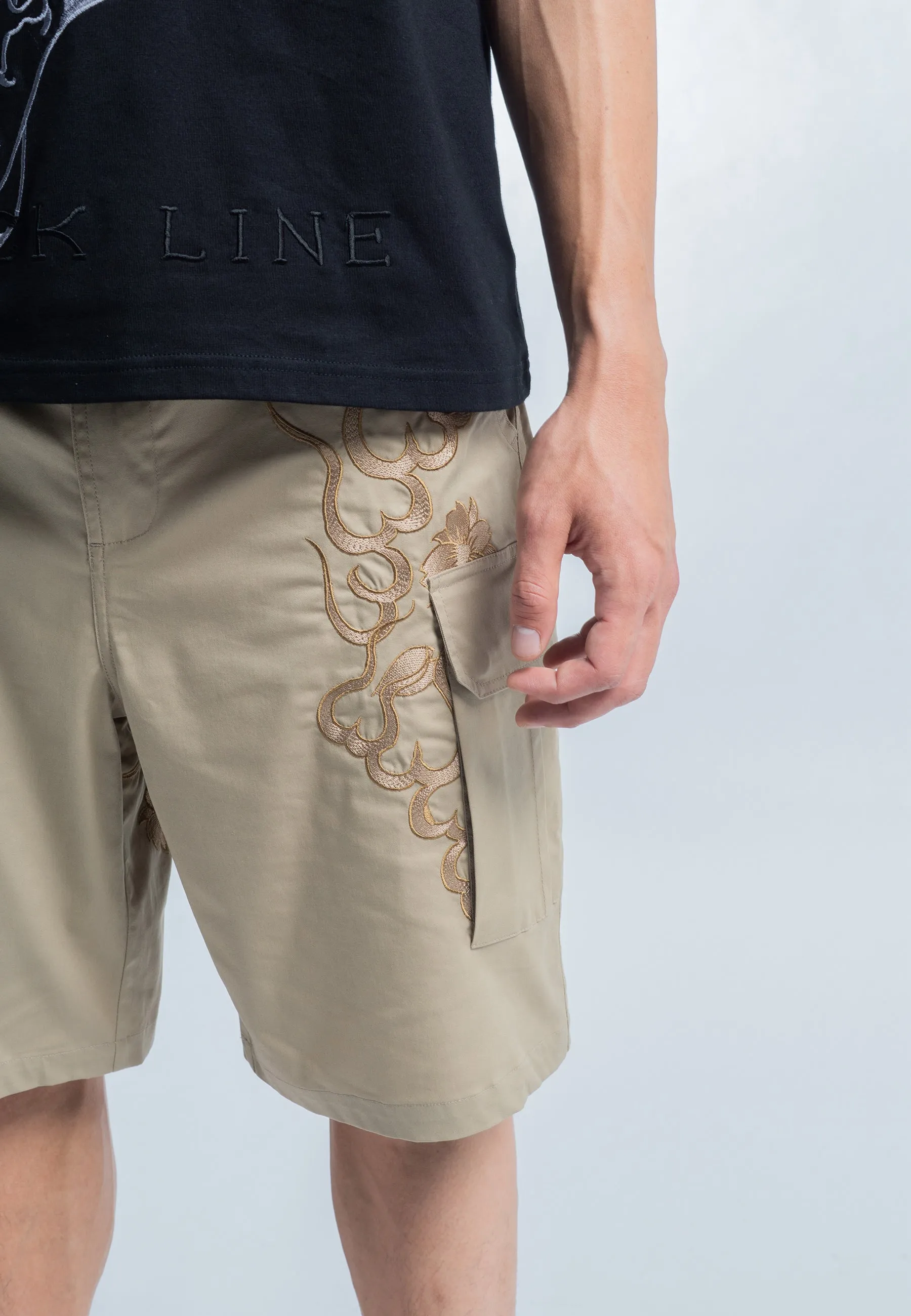 Mens Vintage-Dragon Embroidered Combat Trousers Shorts - Beige