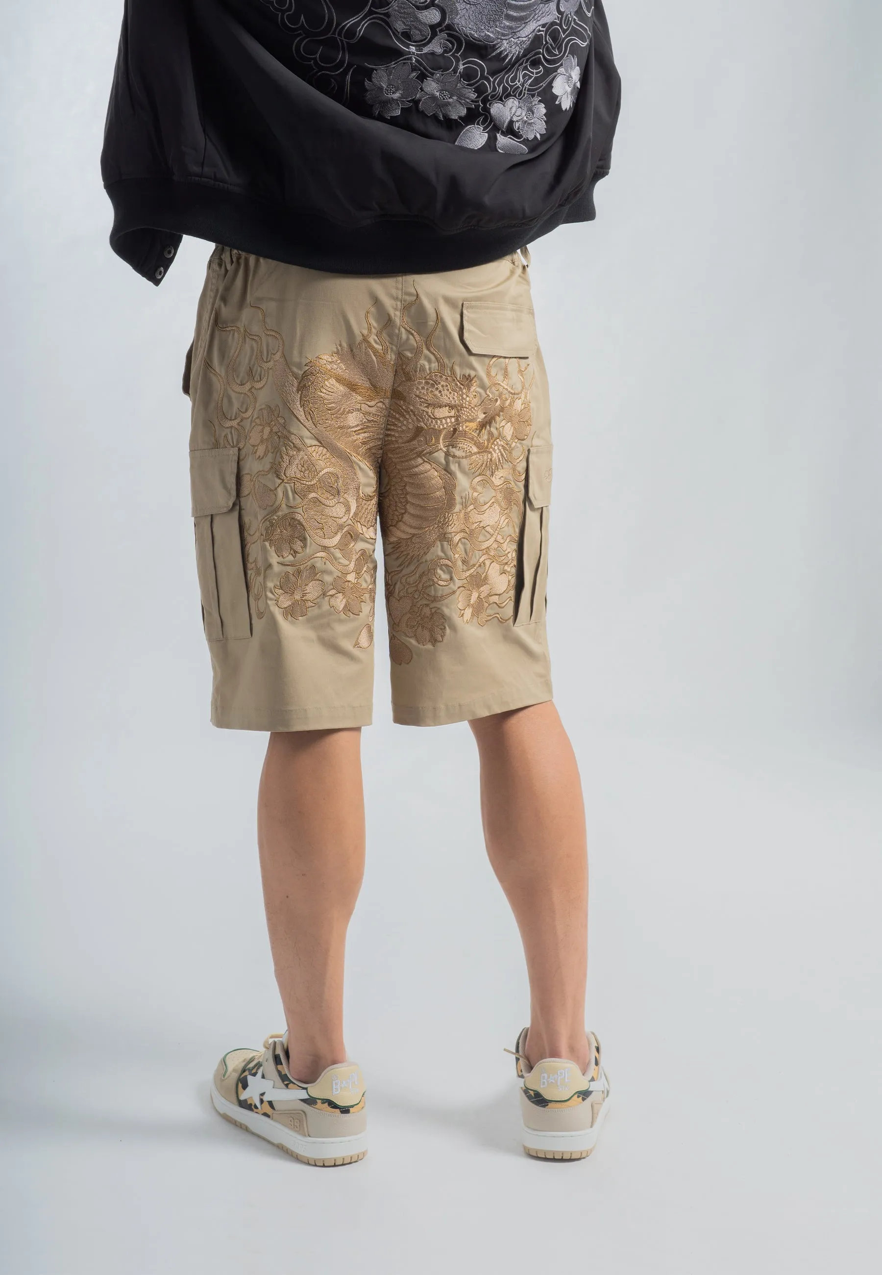 Mens Vintage-Dragon Embroidered Combat Trousers Shorts - Beige