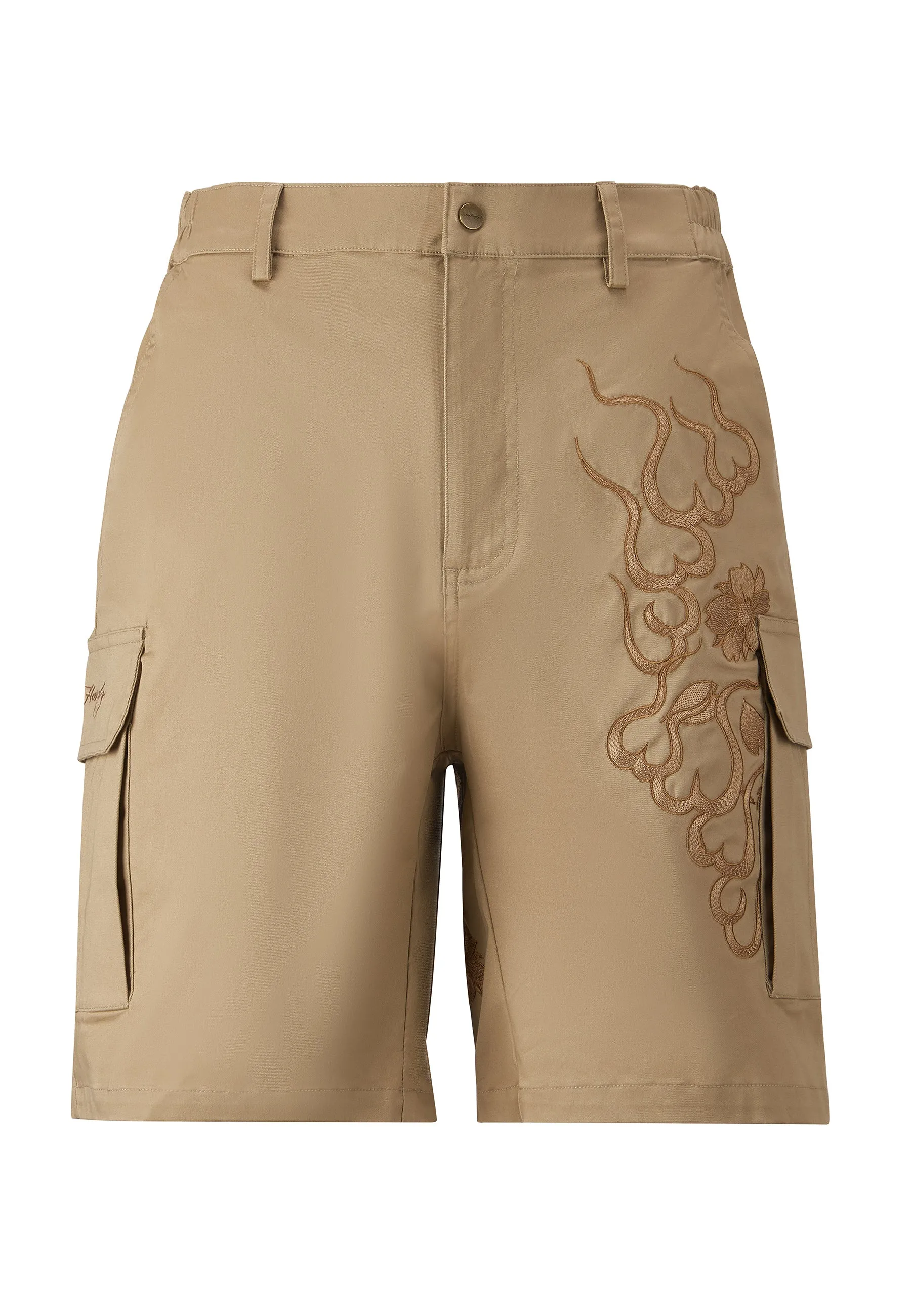 Mens Vintage-Dragon Embroidered Combat Trousers Shorts - Beige