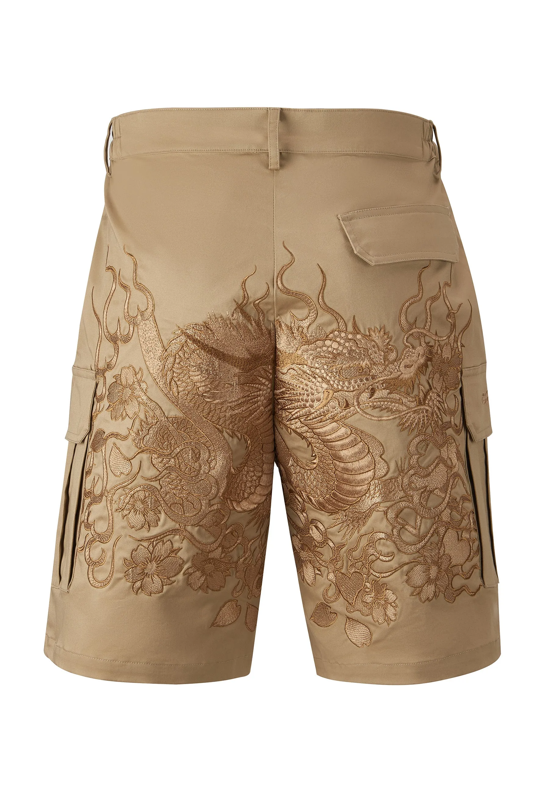 Mens Vintage-Dragon Embroidered Combat Trousers Shorts - Beige