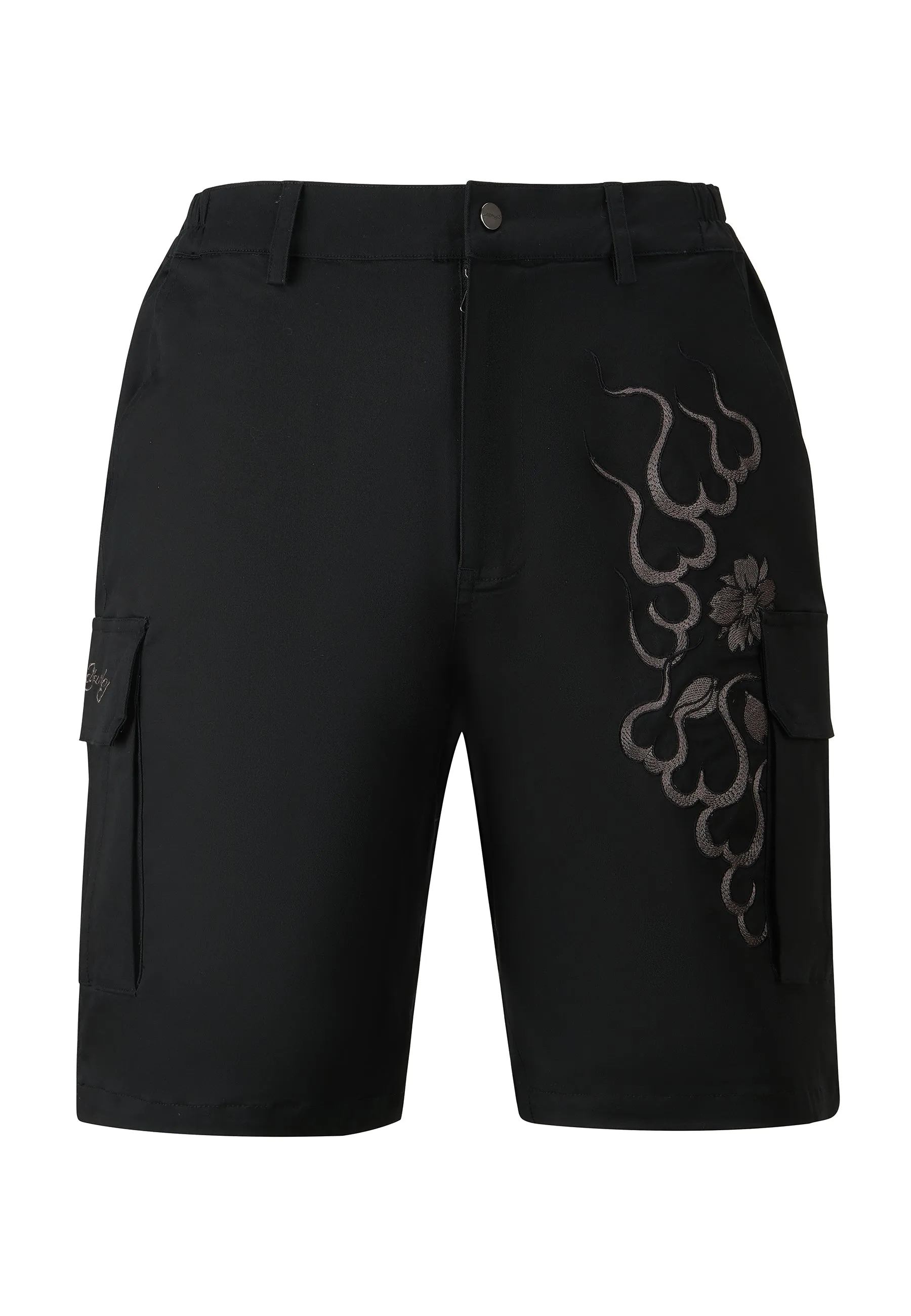 Mens Vintage-Dragon Embroidered Combat Trousers Shorts - Black