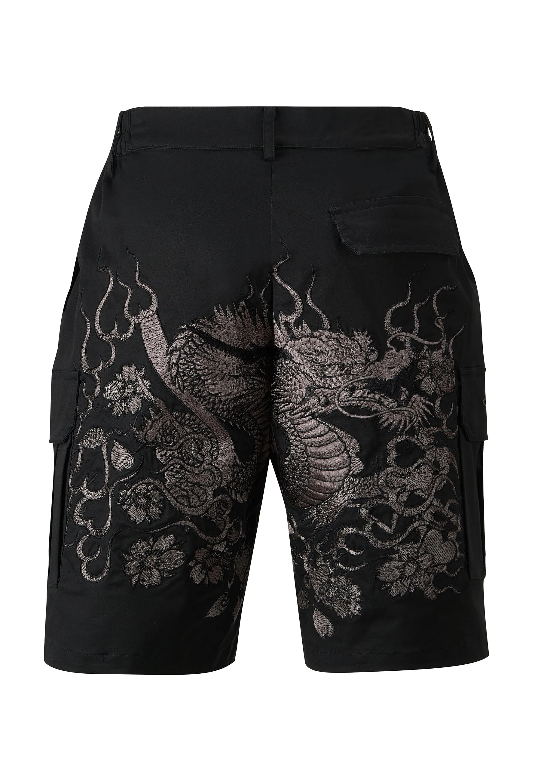 Mens Vintage-Dragon Embroidered Combat Trousers Shorts - Black