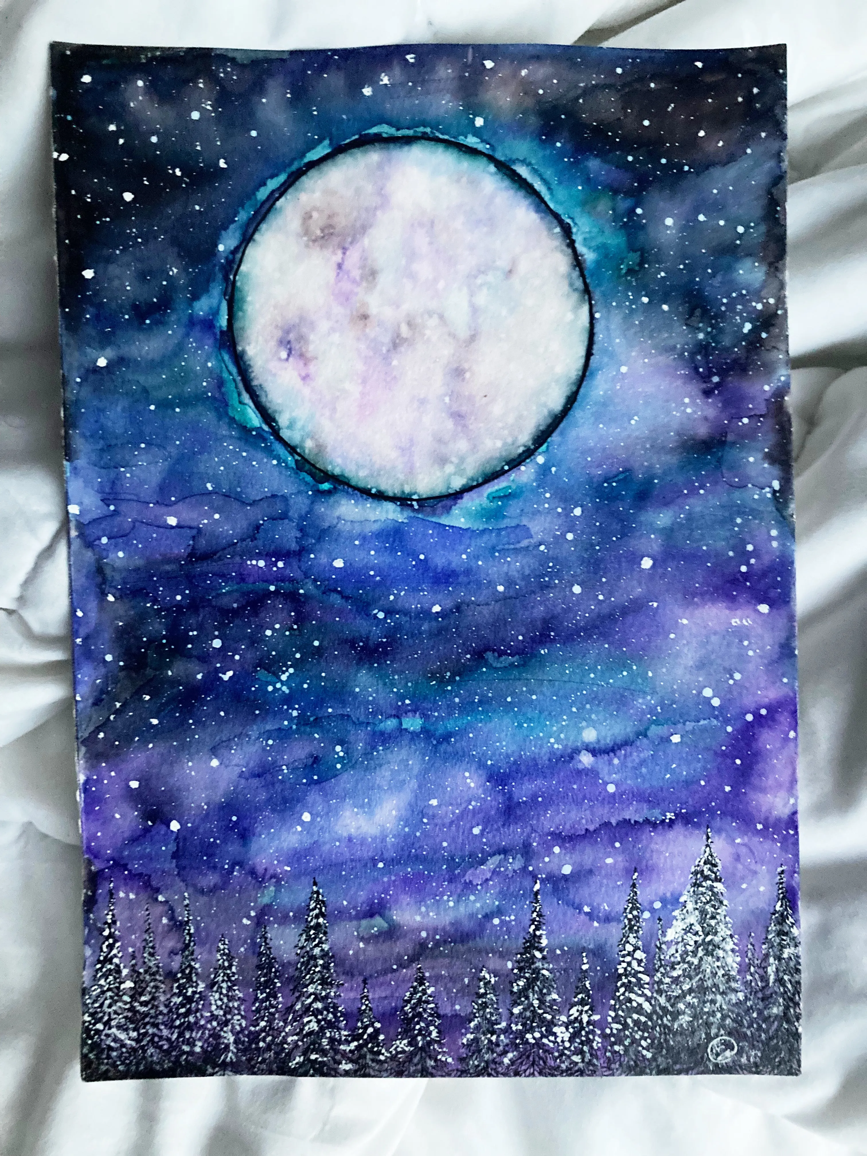 Original Watercolor Winter Full Moon