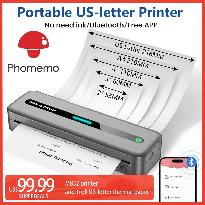 Phomemo US-letter Portable Thermal Printer M832 300dpi Inkless Travel Printer Wireless Bluetooth to iOS Android Phone Laptop