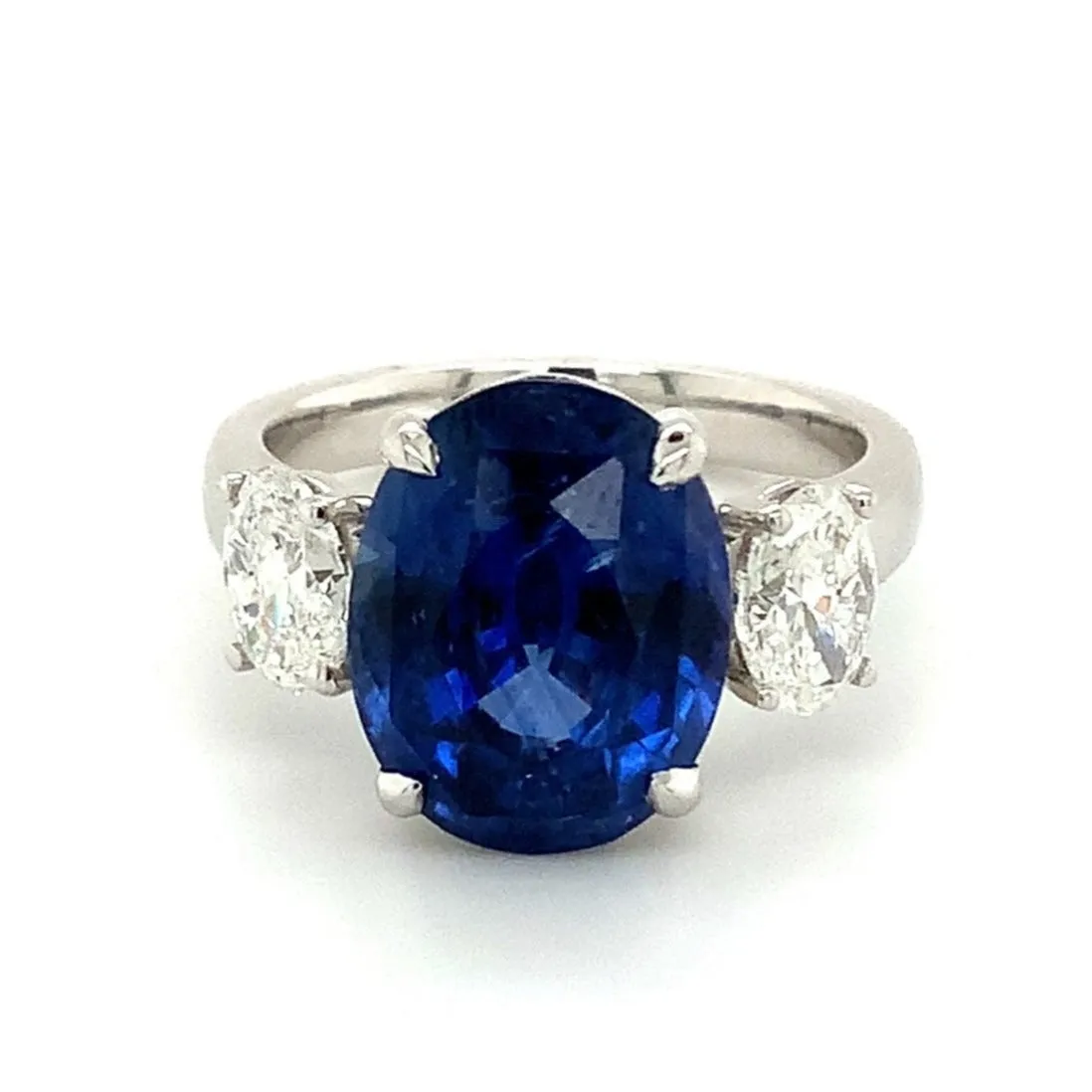 Roman Jules Gem Quality 7.64ct Three Stone Oval Ceylon Blue Sapphire and Diamond Ring set in Platinum