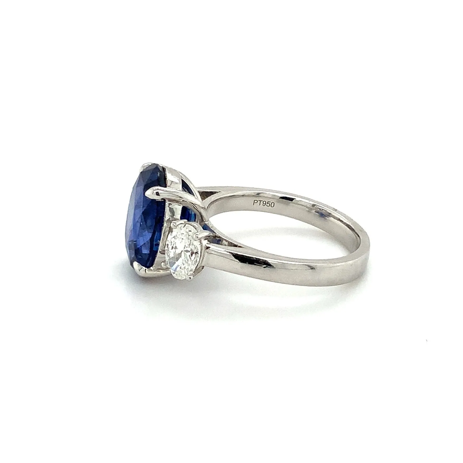 Roman Jules Gem Quality 7.64ct Three Stone Oval Ceylon Blue Sapphire and Diamond Ring set in Platinum