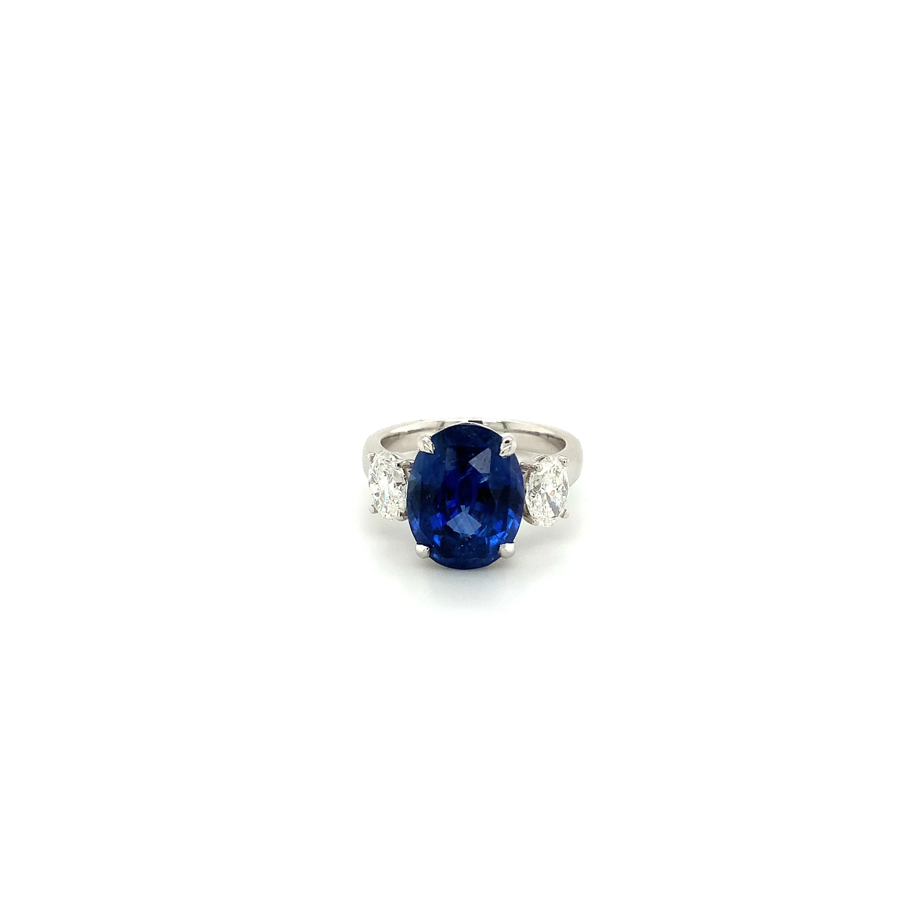 Roman Jules Gem Quality 7.64ct Three Stone Oval Ceylon Blue Sapphire and Diamond Ring set in Platinum