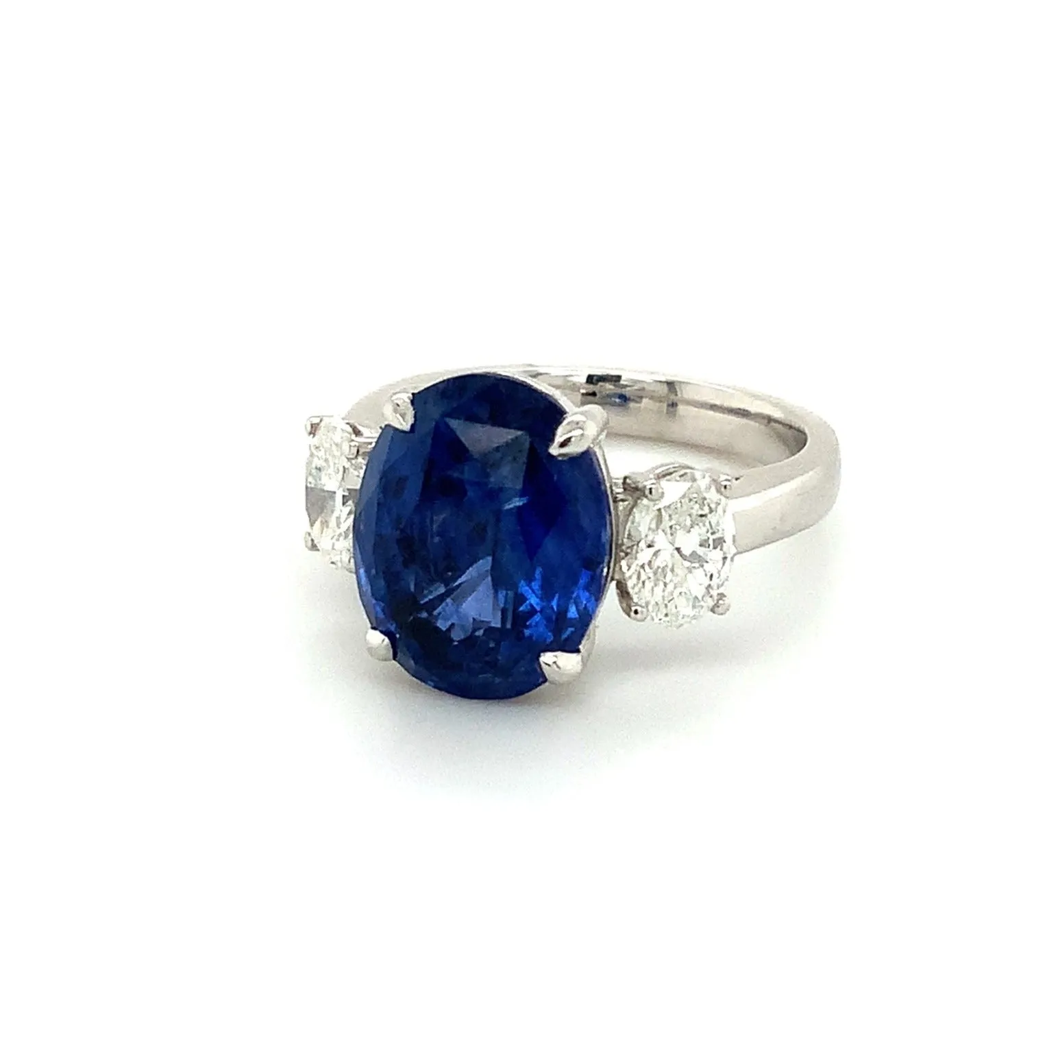 Roman Jules Gem Quality 7.64ct Three Stone Oval Ceylon Blue Sapphire and Diamond Ring set in Platinum