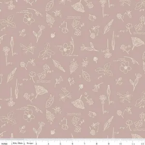 SALE Wildwood Wander Sketchbook C12432 Taupe - Riley Blake Designs - Line-Drawn Flowers Floral Text - Quilting Cotton