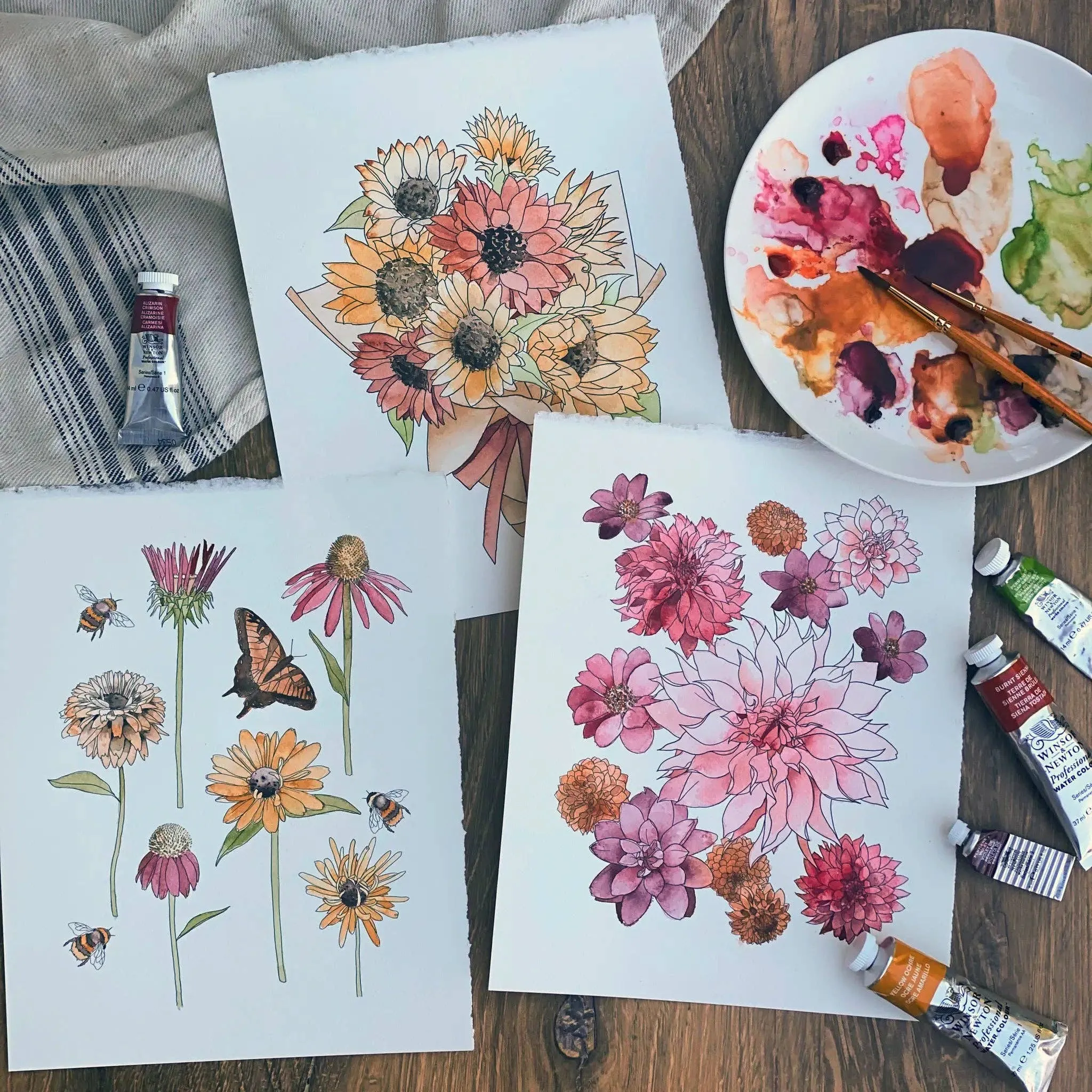 Watercolor Painting Kit, Fall Florals, Beginner Skill Level